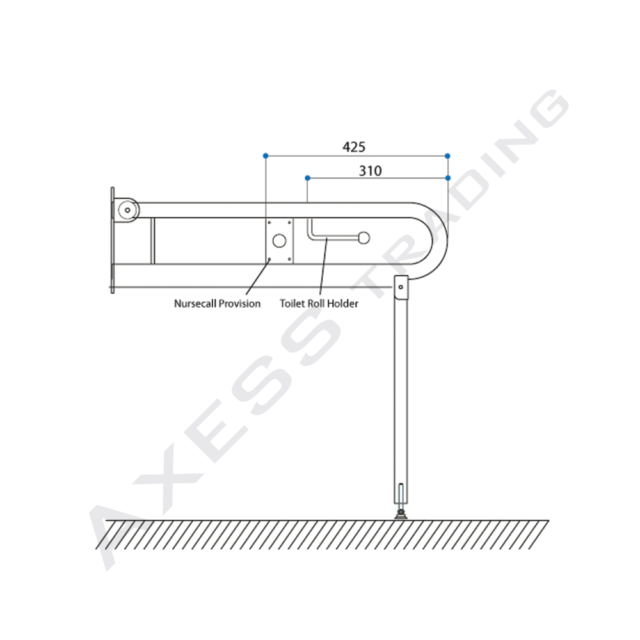 Bariatric drop down toilet hand rail LH with Toilet Roll Holder and nurse call