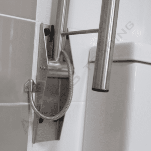 Drop down toilet grab rail