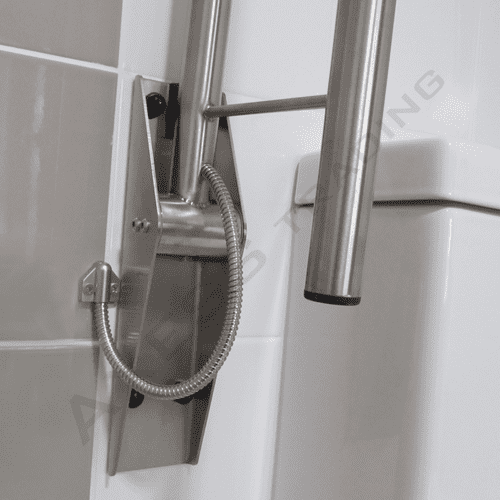 Drop down toilet grab rail